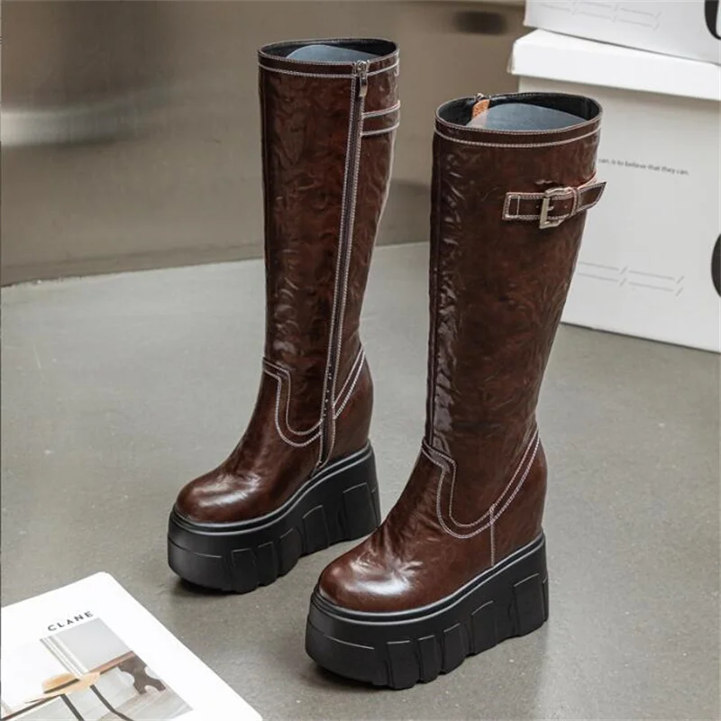 Женские мотоциклетные ботильоны челси до колена из натуральной кожи на