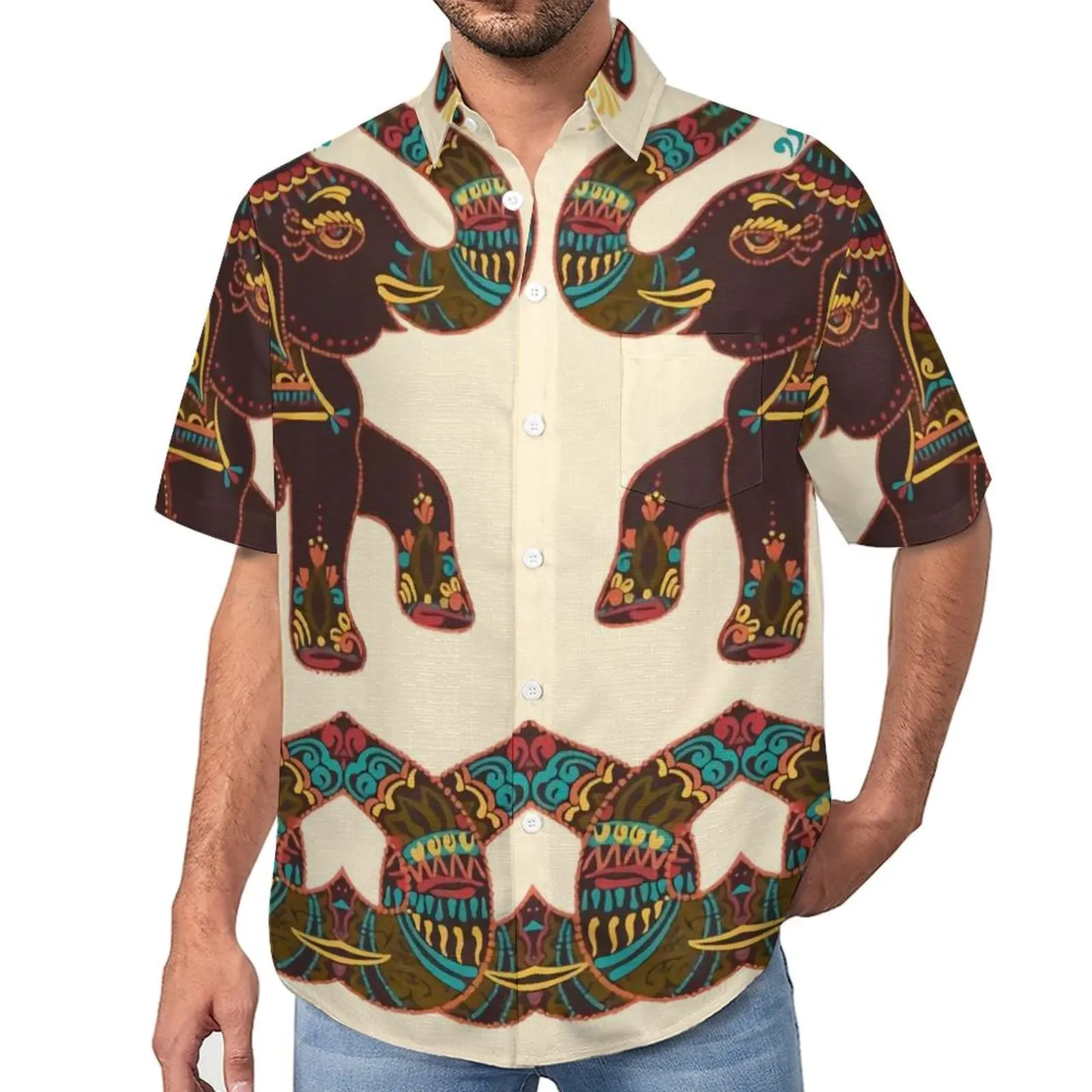 

Свободная рубашка с изображением индийского слона, пляжные цветные повседневные рубашки с цветочным принтом, летние дизайнерские новые блузки большого размера с коротким рукавом