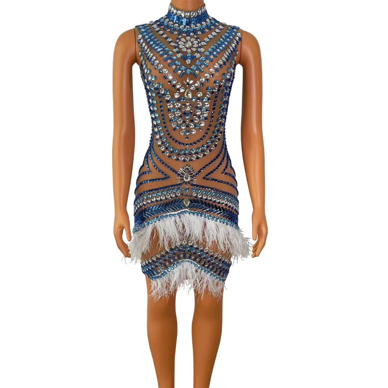 

Синее высокоэластичное платье с перьями для ночного клуба, бара, диджея, сценические костюмы для выступлений, женское танцевальное платье для ГОГО, модель DN16094