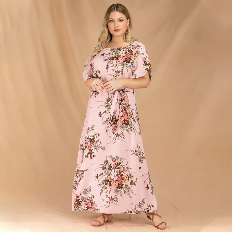 Chiffon Plus Size Dresses Summer Round Neck Flared Sleeves Floral Women Clothing Ruffled Waist Trimming Print Large Swing Skirts