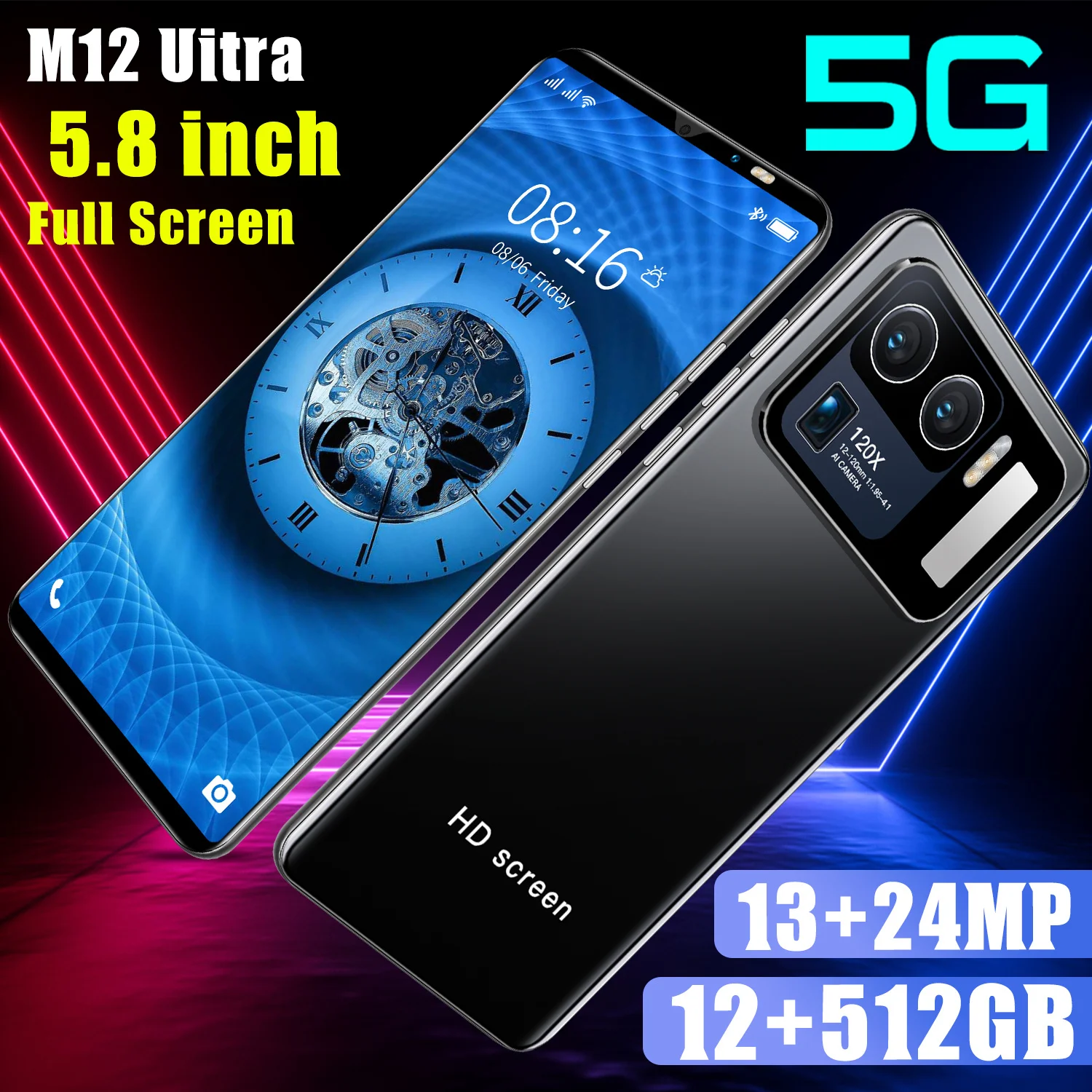 M12 Ultra 5.8Inch 6+128GB HD+Fullscreen MTK6889 CPU 1080x2320 13+24MP 4800mAH Android Unlocked Global Version Smart Phone