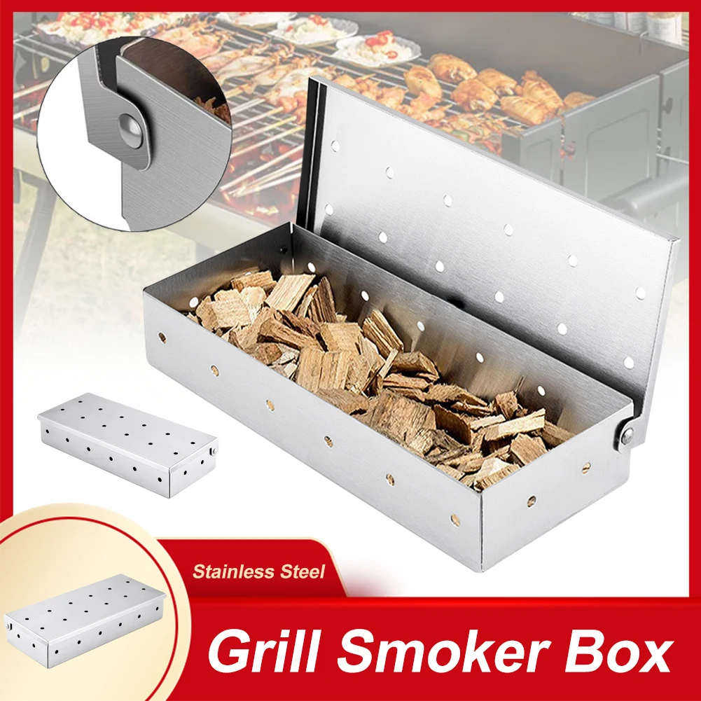 

Grill Smoker Box Stainless Steel Cold Smoke Box for Wood Chips with Hinged Lid Barbecue Grill Smoking Outdoor BBQ Accessories