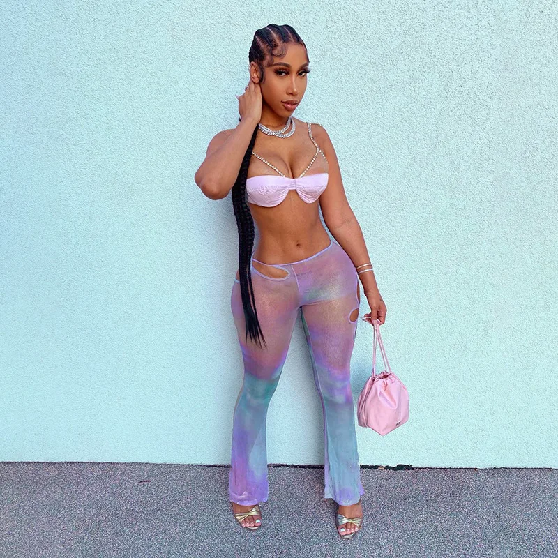 

Wishyear 2022 Sexy Two Piece Set Women Rave Festival Clothing Mesh Pants and Crop Top Party Night Club Birthday Outfits