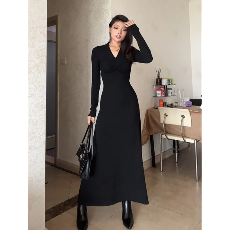 Осень и зима Pure Desire Sexy Gyaru Slim fit Утягивающее платье-футляр Черное платье с длинными