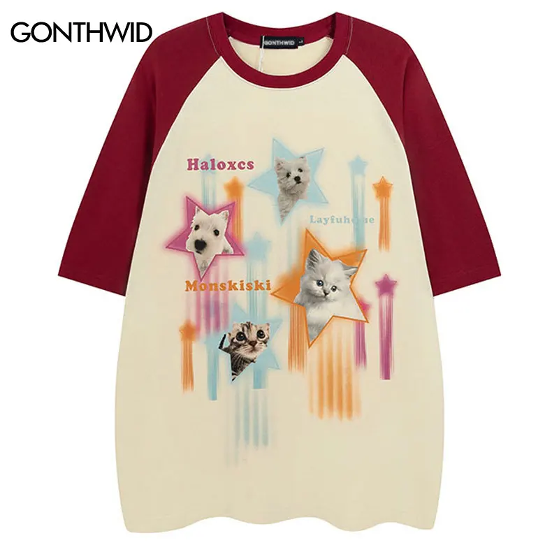 

Harajuku Tshirt Streetwear Y2K Funny Cat Star Graphic Print Streetwear T-Shirt Unisex Summer Fashion Cotton Loose Top Clothing