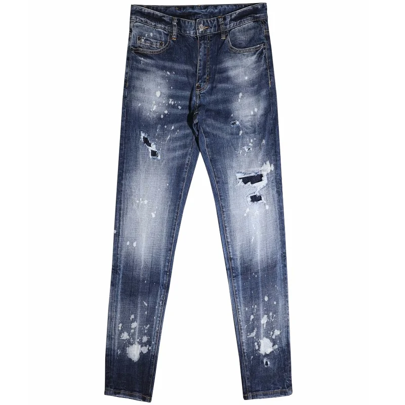 Fashion Streetwear Men Jeans Retro Blue High Quality Elastic Slim Fit Hole Ripped Jeans Men Painted Designer Hip Hop Brand Pants