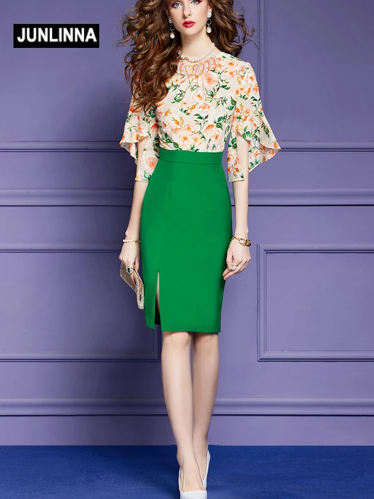 

JUNLINNA Summer New Women Dress Fashion Runway Chiffon Printed Patchwork Elegant Knee-Length Vestidos High Street and Party