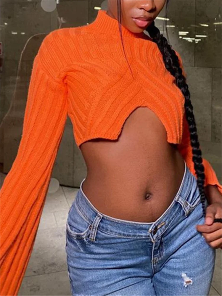 

Women Long Sleeve Pullovers Retro Casual Harajuku Turtleneck Knitted Sweater Flare Split Skinny Crop Top