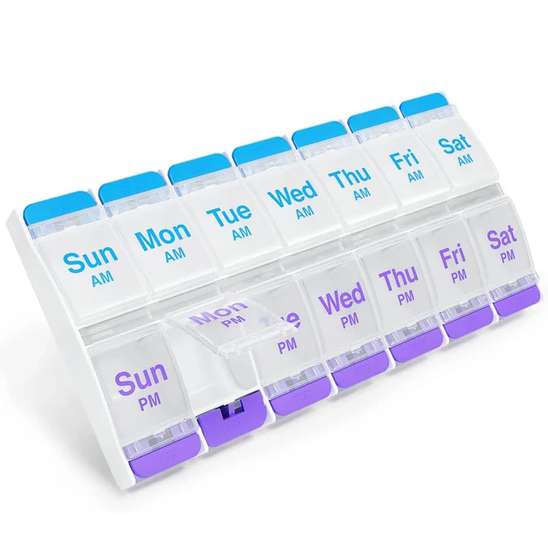 

Push Button (7-Day) Pill Box Medicine Case Vitamin Organizer Weekly 2 Times a Day AM/PM Large Compartments Arthritis Friendly