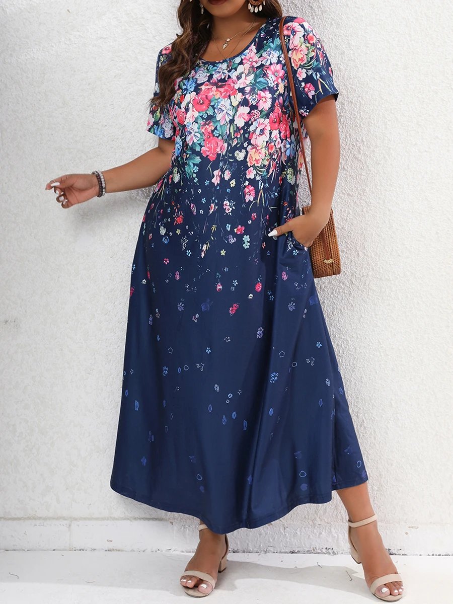 Finjani Women‘s Dress Crewneck Retro Floral Print Fashion Dresses Summer Colorblock  2023 Plus Size Dress
