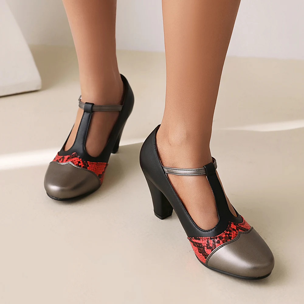 Retro Mary Janes Classsic Lolita Shoes Sexy Snake Pattern Stitching Patchwork T-Strap Buckle Round Toe High Kitten Heel Pumps