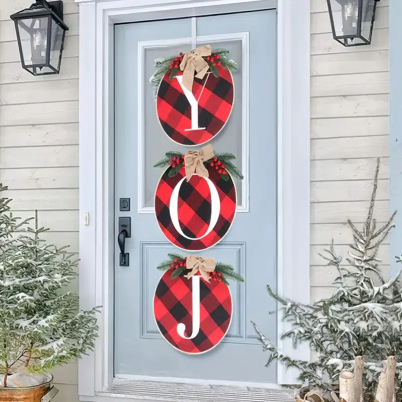 

Christmas Plaid Wreath For Front Door, Red Fruit Bow Disc Ornament, JOY Red And Black Checkered Fabric Door Hanging Decoration,