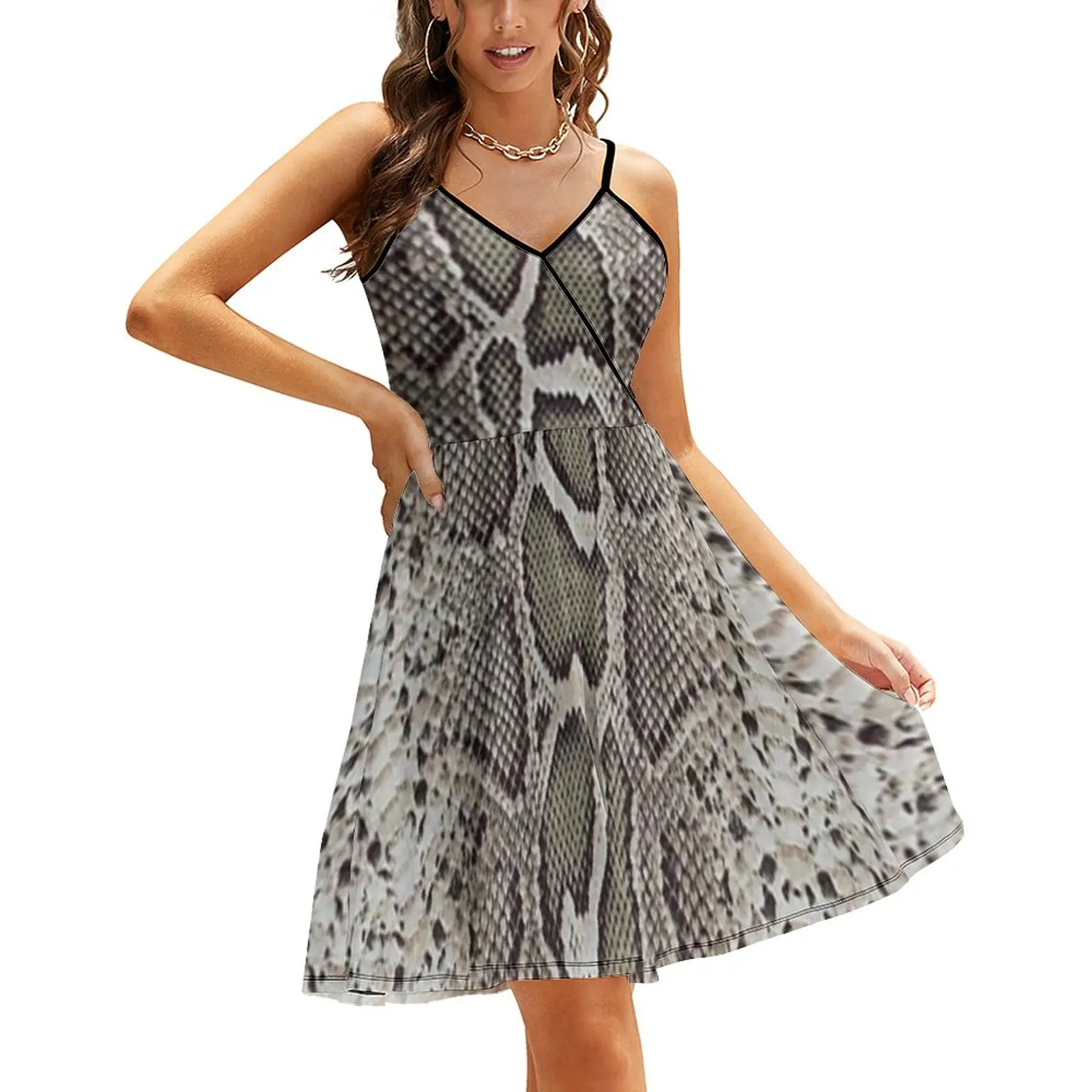 

Faux Boa Snakeskin Dress Womens Animal Skin Print Boho Beach Dresses Spring Strap Streetwear Printed Casual Dress Big Size
