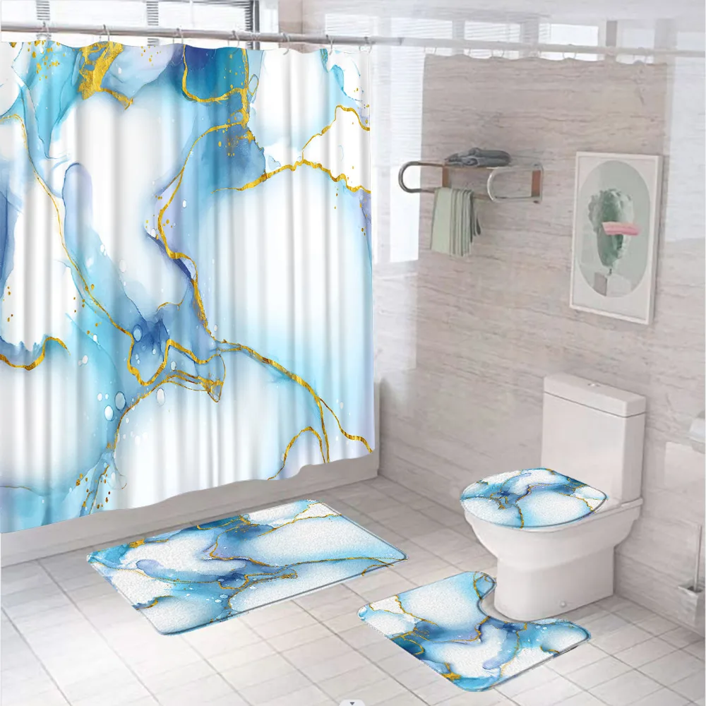 

Marbling 3D Shower Curtains Luxury Marble Blue Golden Veins Bath Mats Set Pedestal Rug Toilet Cover Bathroom Curtain with Hooks