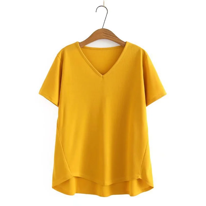 

Plus Size Women's V-neck Summer Tshirts Short Sleeve Solid Color A-line Tops
