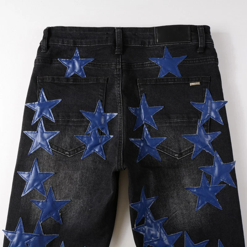 Men's Black Distressed Streetwear Blue Leather Stars Patches Slim Stretch Skinny High Street Fashion Style Ripped Jeans