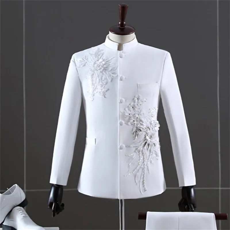 Chinese tunic suit men's blazers youth three-dimensional flower jackets stand collar banquet performance wedding dress white