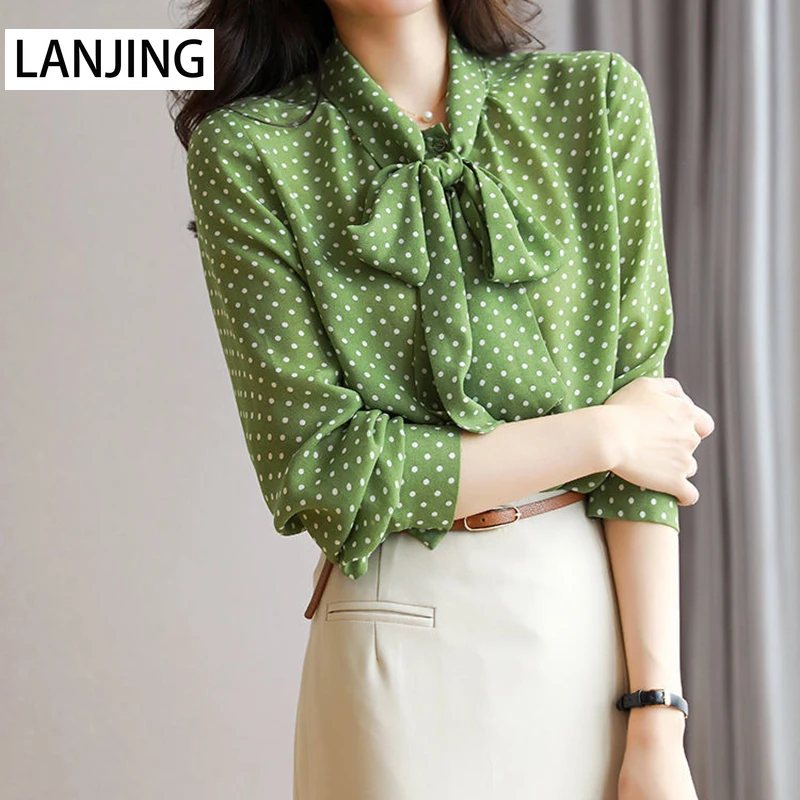 

Lace Chiffon Shirt Women's 2021 Fall New Shirt Women's Green Polka Dot Shirt Collar Tie Long Sleeve One Row of Buttons