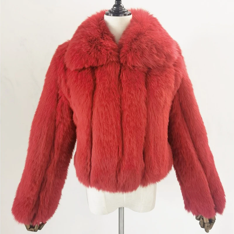 Winter Faux Fur Jacket Women Luxury 2022 Female High Quality Full Sleeves Plush Red White Black Fox Fur Coat for Lady Girl