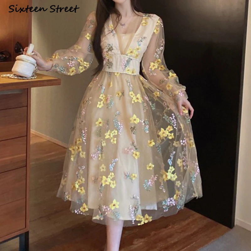 

2022 Mesh Embroidery Dress Women Clothing Long Sleeve V-neck High Waist Party Dresses Women Runway Design Flower Vestido