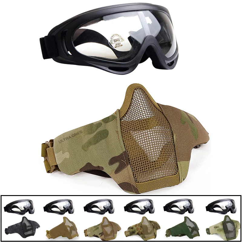 

Airsoft Mask Tactical Goggles Set Lower Half Face Foldable Steel Mesh Mask Paintball Shooting Protective Mask with Goggles Set