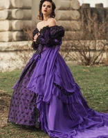 medieval gothic purple wedding dress 2022 off the shoulder long sleeves corset ball gown country wedding dress black lace bride