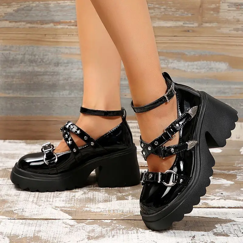 

Женские туфли в готическом стиле, Туфли Мэри Джейн на массивном каблуке и платформе, туфли-лодочки из лакированной кожи на высоком каблуке, туфли для косплея, Y2K