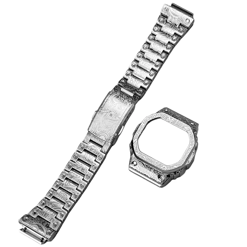 Металлический ремешок и корпус для часов DW-H5600 для мужчин, модифицированный корпус из нержавеющей стали с гравировкой в виде цветов, комплект: безель + ремешок для Casio DW-H5600 (art.: 3920d7cc9dbec) - 3920d7cc9dbec