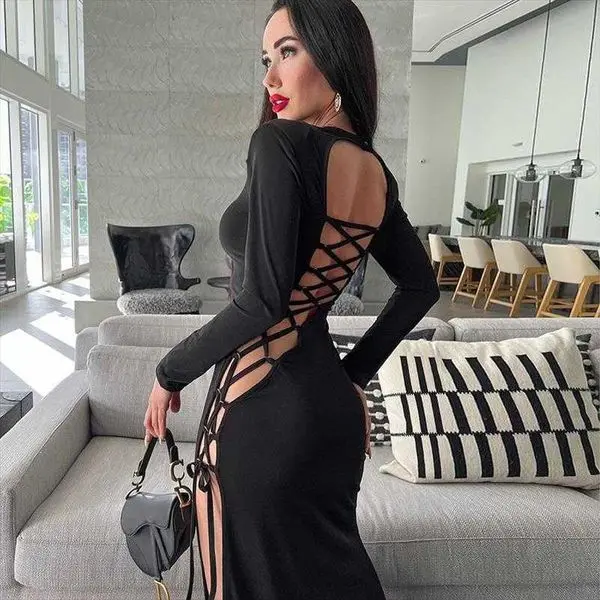 

Autumn Season Product Dresses Style Beveled Split Lace-up Long Sleeve Dress