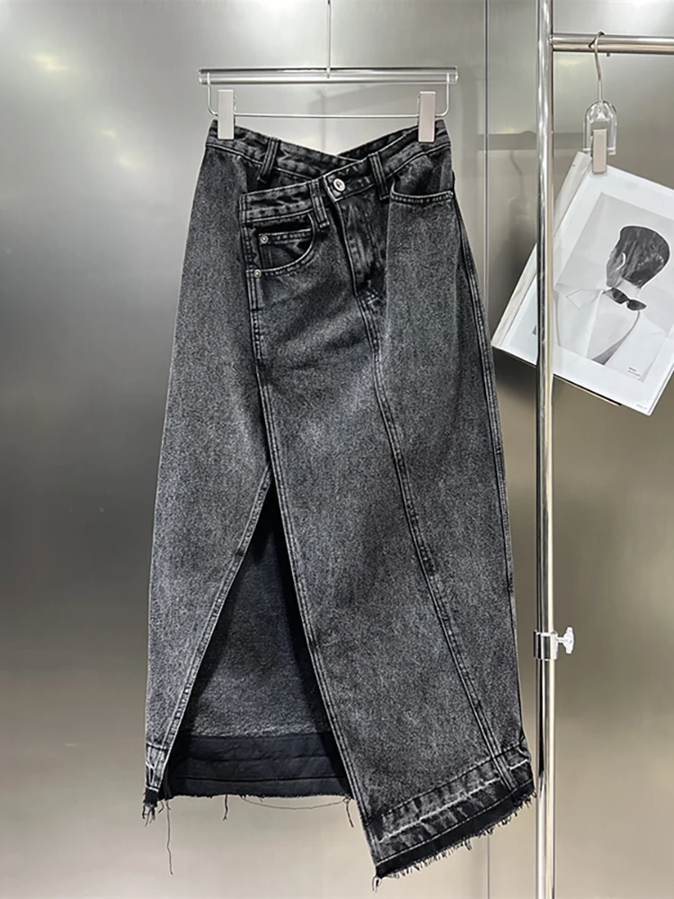 Женская джинсовая юбка с высокой талией DEAT асимметричная одношаговая черная