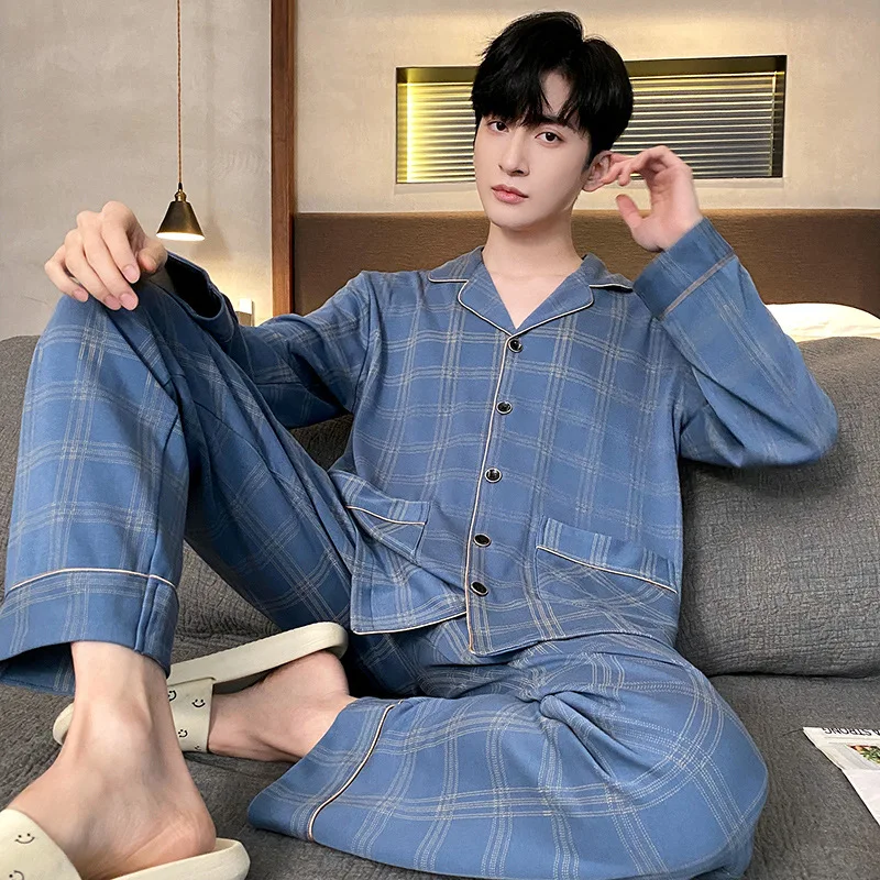Cotton Pajama Suit Men Cardigan Tops + Trousers Pocket Spring Autumn Long Sleeve Youth Loose House Nightshirt Pant Suit Homewear