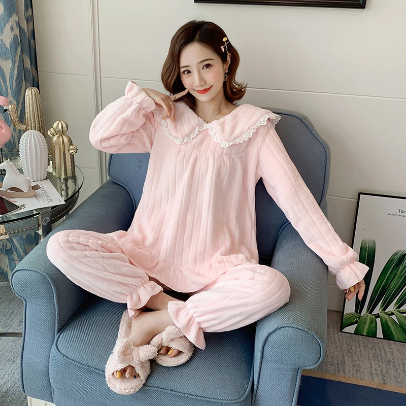 Coral Fleece Pajamas Ladies Autumn and Winter Warm Pajamas Solid Color Lapel Home Clothes Suit