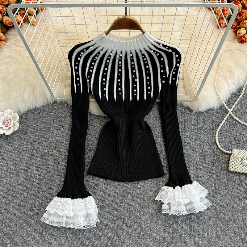 

new fashion hot drill high-neck long-sleeved sweater lace flared sleeves slim fit sweater bottoming top