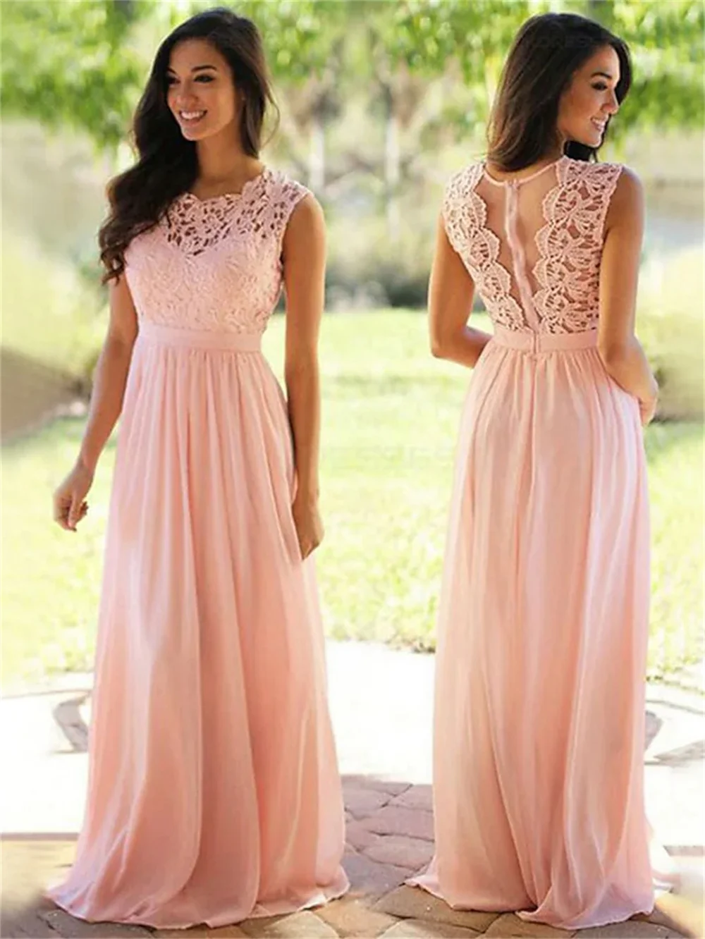 

Bridesmaid Dress Jewel Neck Sleeveless Elegant Floor Length Chiffon Lace with Sash Ribbon Pleats vestidos de fiesta para bodas