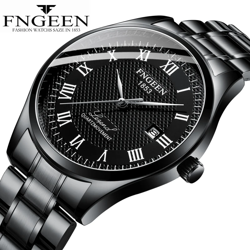 

FNGEEN 2022 New Men Watch Black All Steel Quartz Watch Simple Mens Watches 30M Waterproof Band Calendar Relogio Masculino 5670