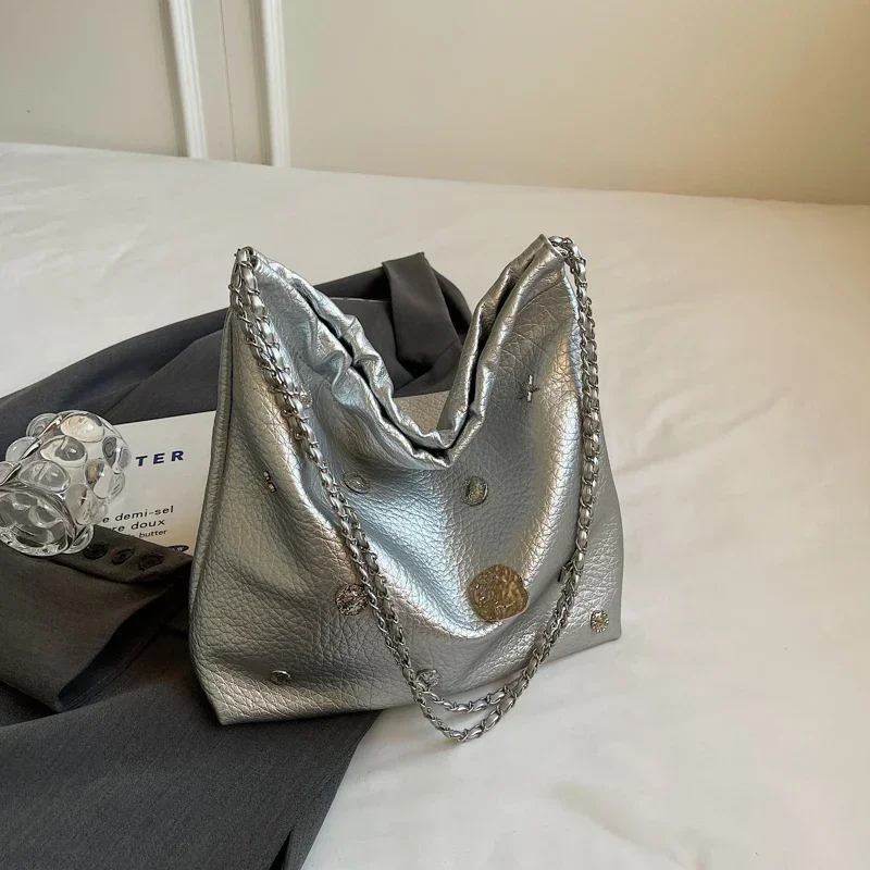 

For Silver Bags PU Women Fashion Handbags Crossbody Female Leather Shoulder Chain 2023 Y2K Lady Bag Trend Korean Big LEFTSIDE