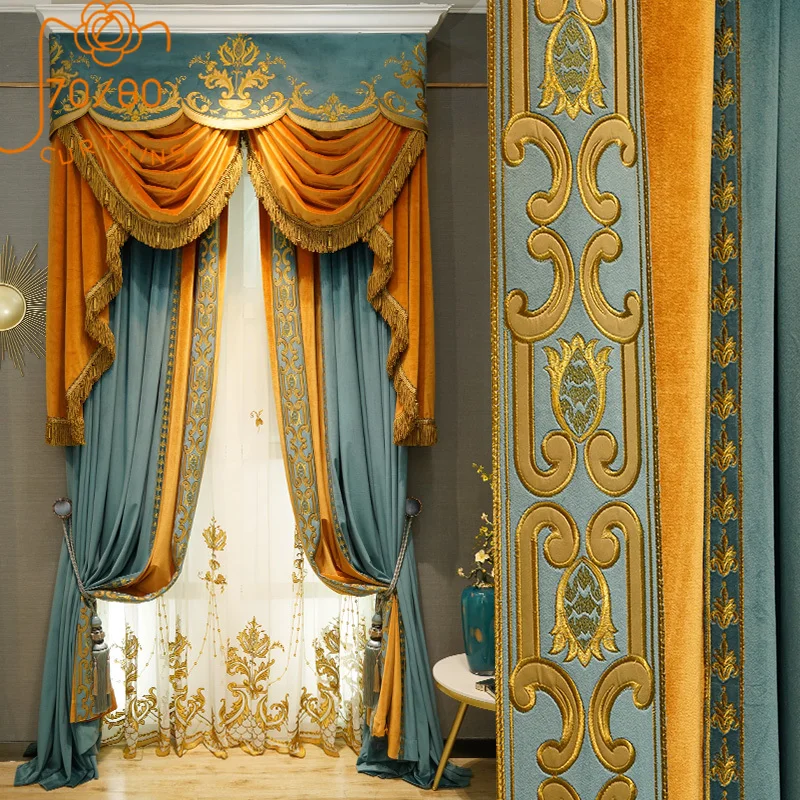

Palace Blue Orange Velvet Embroidered Patchwork Curtains for Living Room Bedroom Villa Customized Window Screen Products