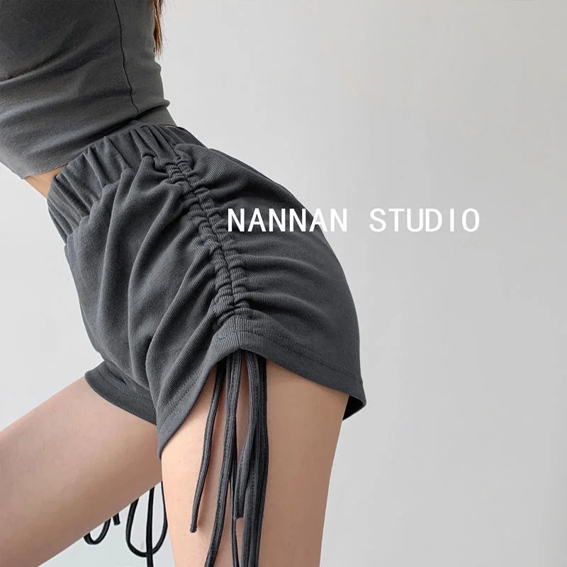 Mulheres Shorts Sexy Treino Suor Curto Casual Sólido Cinza Elástico Cintura Shirring Calças Verão Estiramento Chique Feminino Inferior