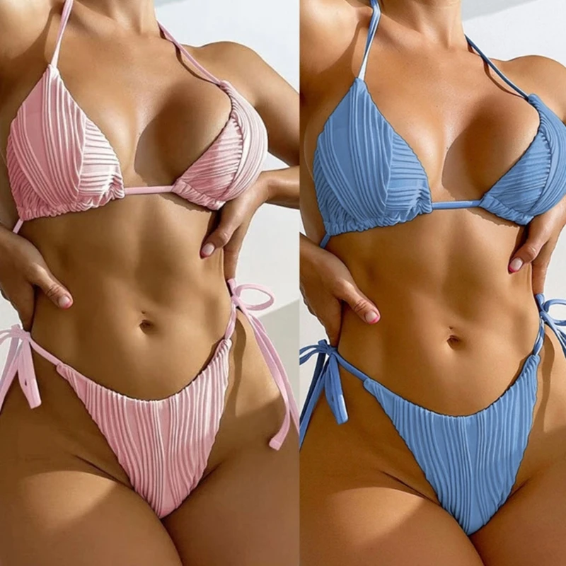 

Женский комплект бикини на шнуровке, однотонный купальник, стринги, купальники, сексуальный купальный костюм с маленькой грудью, купальные ...