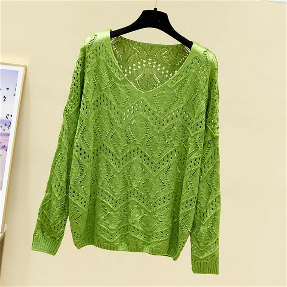 

Sweaters Women Spring V-Neck Hollow Out Solid Hot Sale Pullovers Knitted Loose Long Sleeve Autumn Trendy Breathable Outerwear