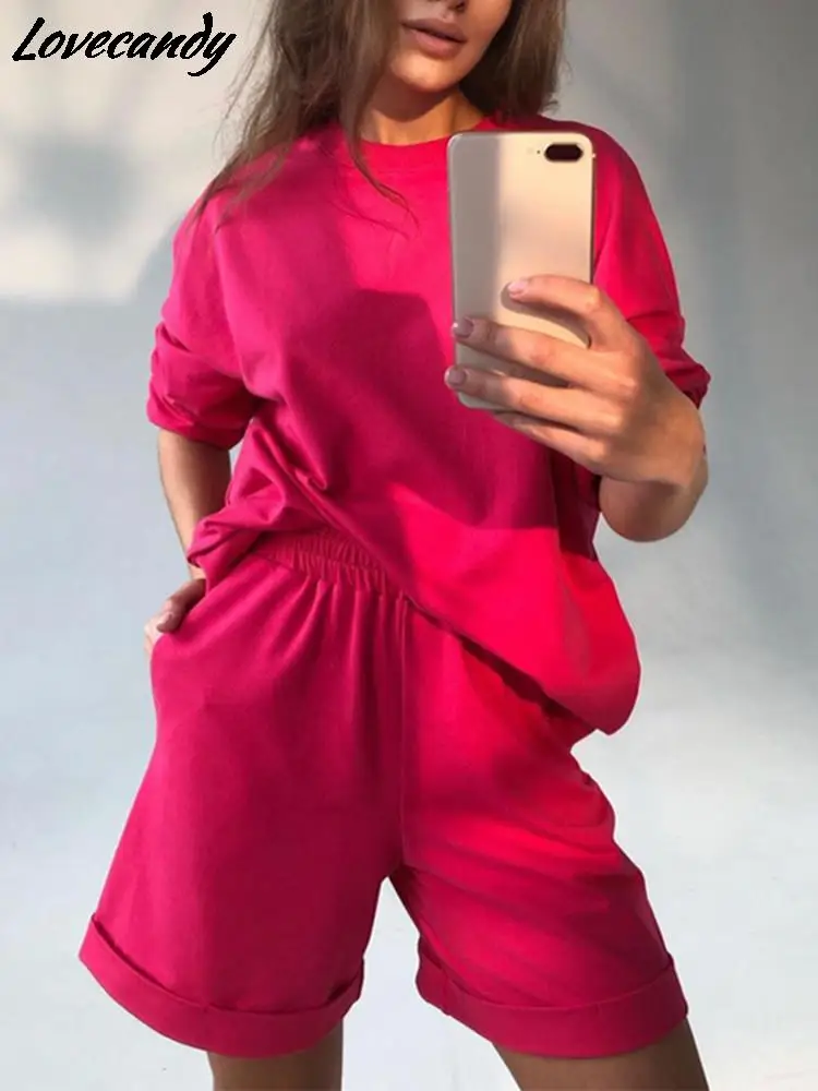 

Women Casual Solid Short Sleeve T Shirt Tracksuit Female Fashion O Neck Top And Elastic High Waist Shorts Outfits 2022 Summer