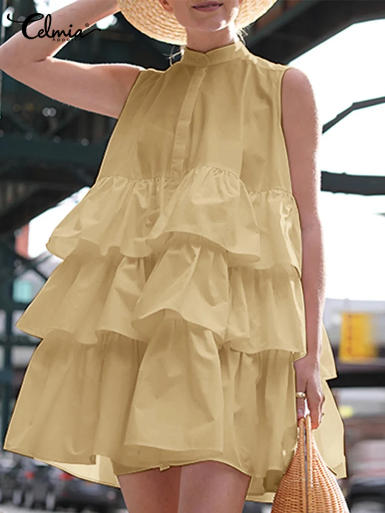 

Celmia Stand Collar Streetwear Sundress Women Layered Ruffles Summer Elegant Short Robe Buttons Fashion Sleeveless Mini Dress