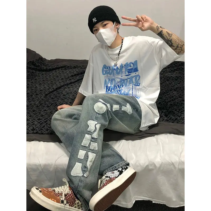 Men's Jeans Skull Side Embroidery Jeans Hip Hop Men Pants Y2k Pants Jeans Fashion Streetwear Brand Jeans Jeans Aestethic Casual