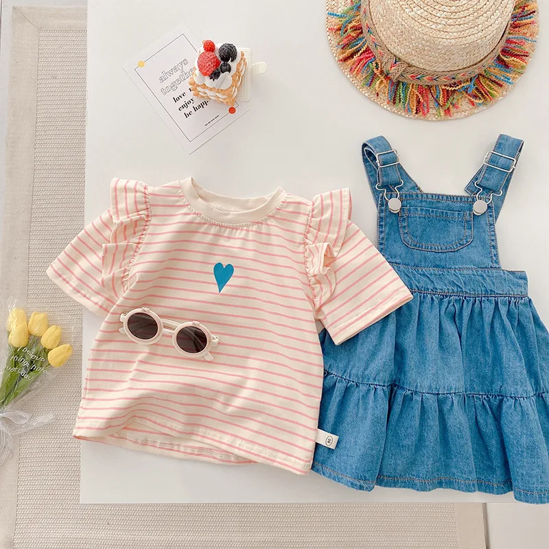 

New Fashion Girls Suits Summer O-Neck Short Sleeve Striped T-Shirt + Retro Denim Strap Dress 2Pcs Kids Girls Clothes