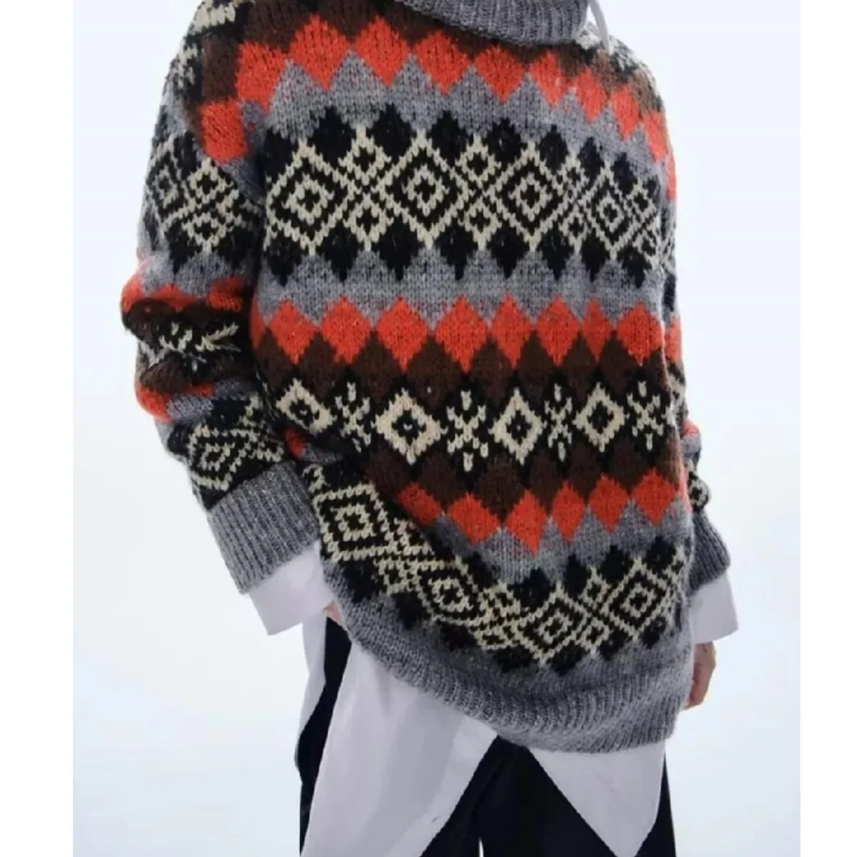 

Женский трикотажный джемпер с длинным рукавом, вязаный клетчатый тотемный свитер с геометрическим рисунком, винтажный пуловер с круглым вы...