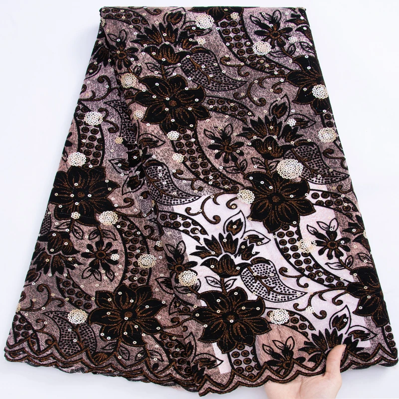 

African Lace Fabric 2023 High Quality Mesh Velvet Lace With Sequins Brown Nigerian French Tulle Lace Fabric For Wedding Y3073