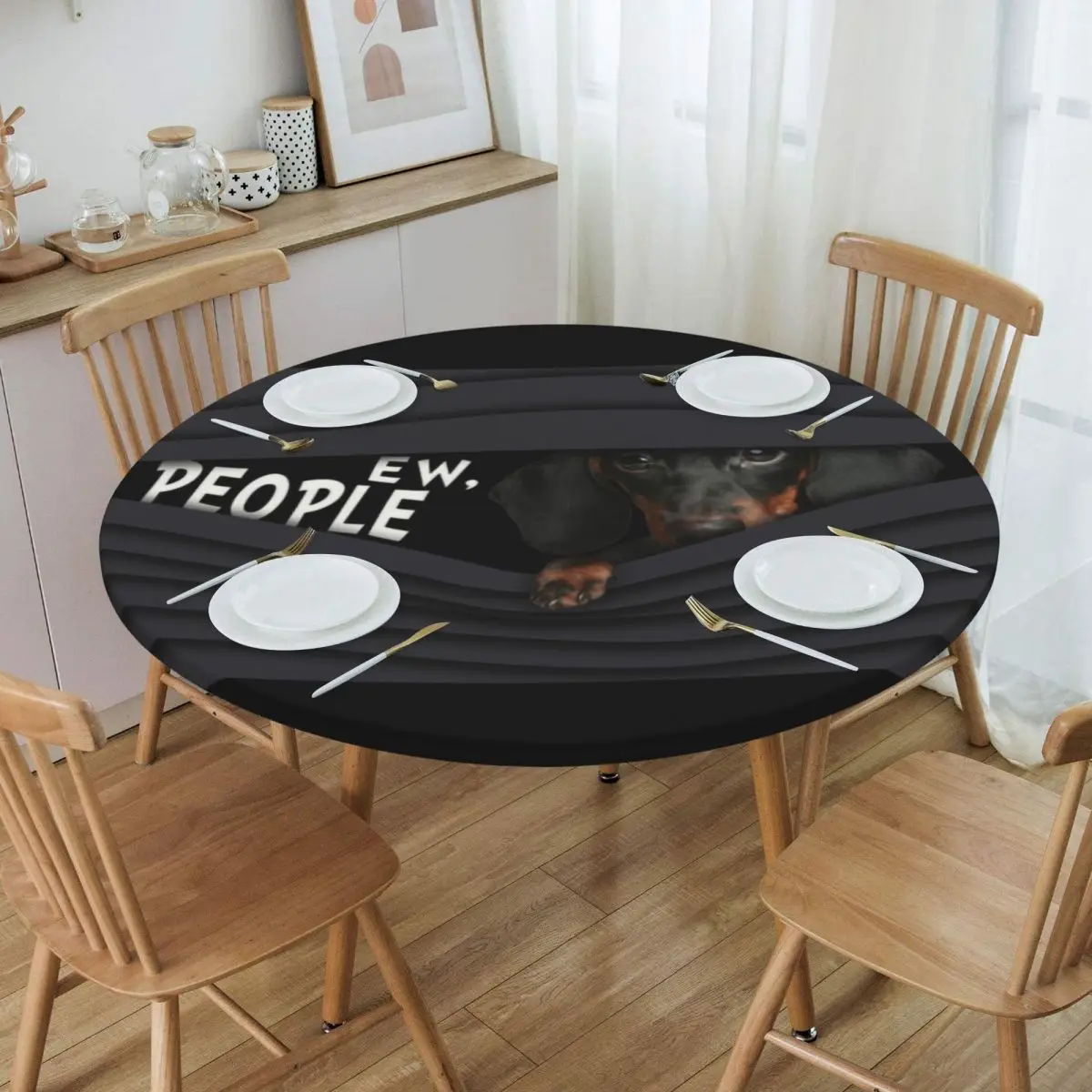 

Round Oilproof Funny Dachshund Table Cover Fitted Wiener Badger Dog Table Cloth Backing Edge Tablecloth for Dining