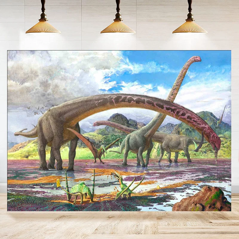 

Dinosaurs Theme Photography Backdrop Boy Birthday Party Mesozoic Cretaceous Epoch Forest Mountains Lake Prehistoric Background