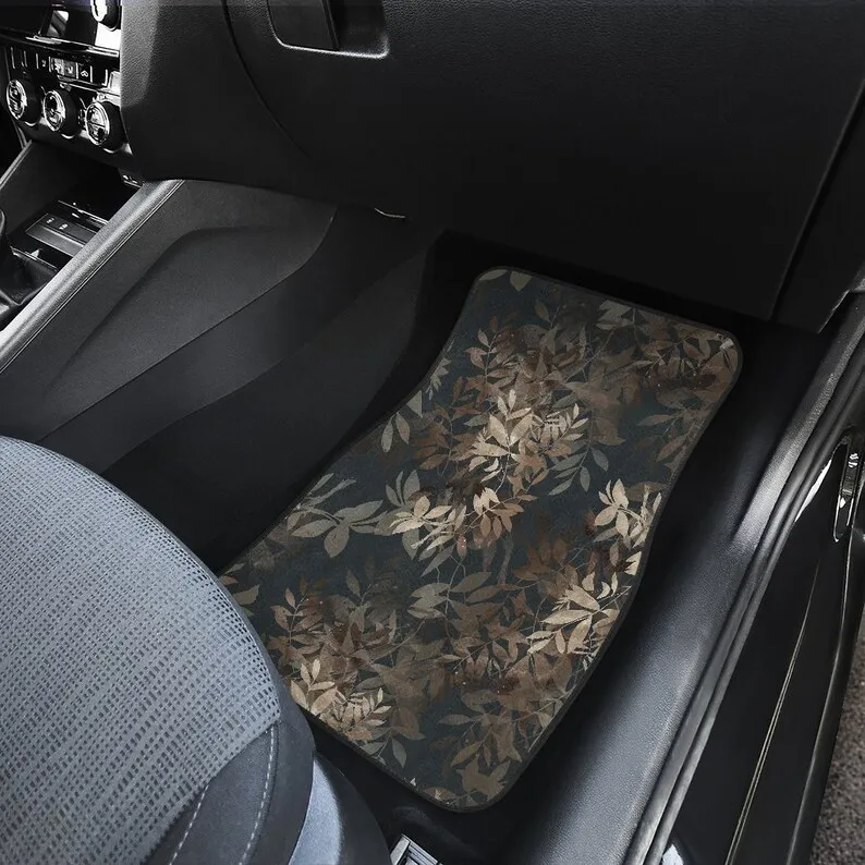 Brown Beige Leaves Floral Flowers Car Floor Mats Set, Front and Back Floor Mats for Car, Car Accessories images - 6