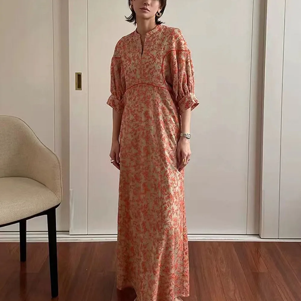 Puff Sleeve Floral Midi Dress for Summer New Female Temperament Embroidery Long Robes Female Dresses